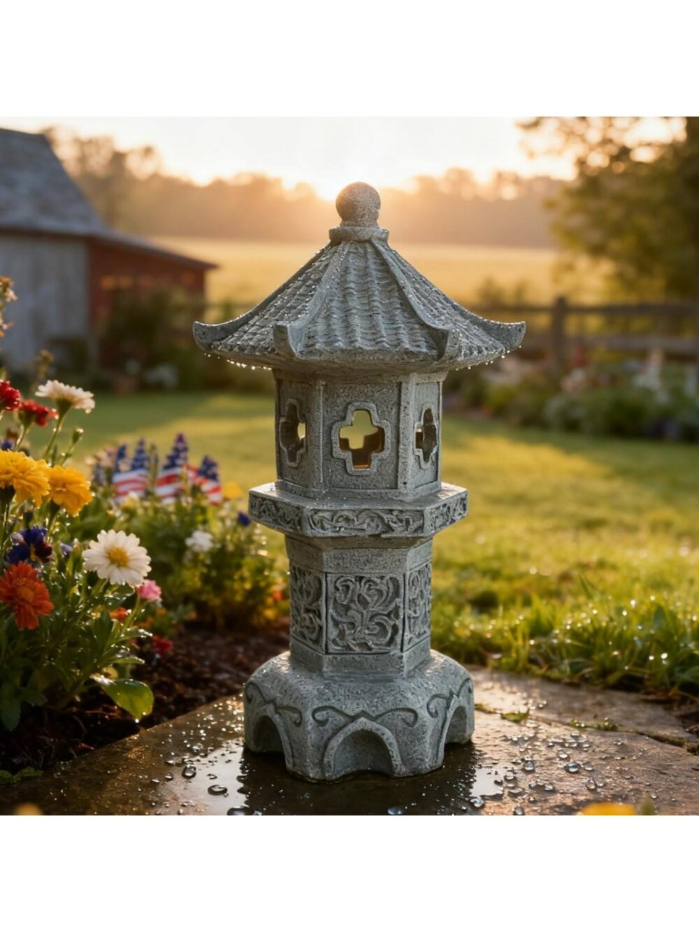 Solar Lantern Pagoda Statue | Outdoor Japanese Zen Garden Decor & Yard Art